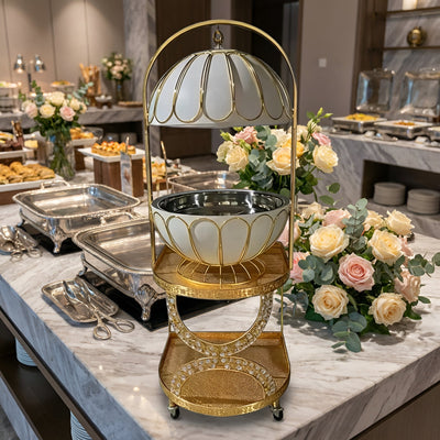 20L Large White Chafing Dish with 2-Tier Serving Cart | Luxury 201 Stainless Steel Buffet Food Warmer Station for Hotel Banquets - HUFA Kitchenware