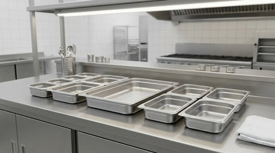 Full-size and fractional food pans arranged for different buffet menu volumes