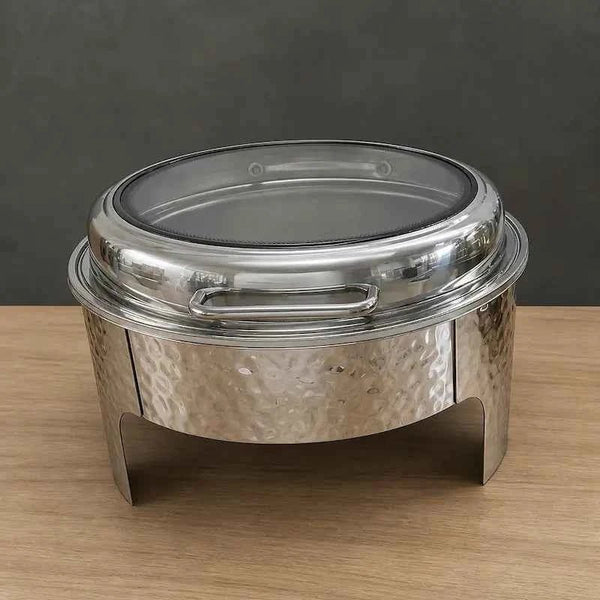 Round 6.8L Silver-Finish Buffet Chafer with Hammered Stand - HUFA Kitchenware