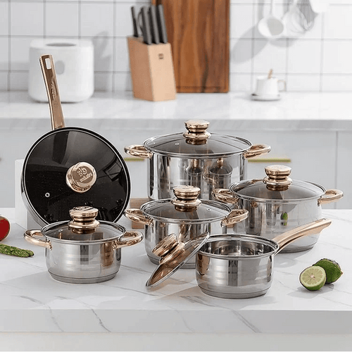 Luxury 12 - Piece Stainless Steel Cookware Set with Gold Handles - Non - Stick Induction Pots and Pans - 5 - Layer Base Professional Kitchen Accessories - HUFA Kitchenware
