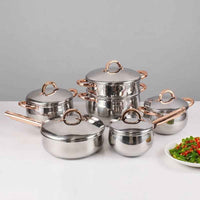 11 - Piece Stainless Steel Cookware Set - Luxury Gold Handle Pots and Pans with Steamer & Fry Pan - Induction Ready Professional Kitchen Cooking Set - HUFA Kitchenware