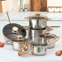 Luxury 12 - Piece Stainless Steel Cookware Set with Gold Handles - Non - Stick Induction Pots and Pans - 5 - Layer Base Professional Kitchen Accessories - HUFA Kitchenware
