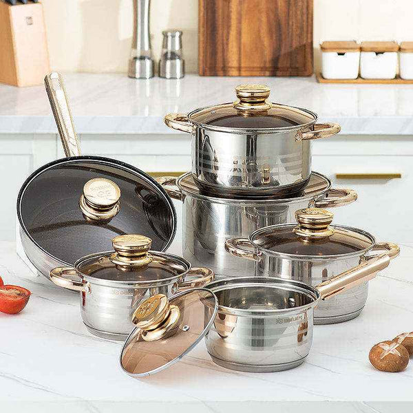 Luxury 12 - Piece Stainless Steel Cookware Set with Gold Handles - Non - Stick Induction Pots and Pans - 5 - Layer Base Professional Kitchen Accessories - HUFA Kitchenware