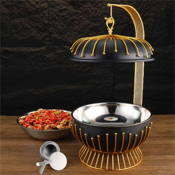 Luxury 8L Gold Stainless Steel Chafing Dish with Hanging Lid - Round Buffet Food Warmer & Server for Weddings, Hotel Banquets & Professional Catering Events