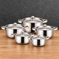 thin single-bottom 201 stainless steel cookware set in six graduated sizes