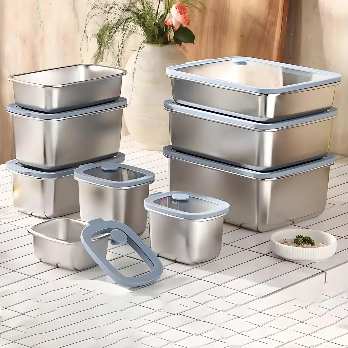 304 Stainless Steel Food Storage Container with Heat - Resistant Glass Lid, Airtight Leakproof Lunch Box for Fridge Freezer & Office Meal Prep - HUFA Kitchenware