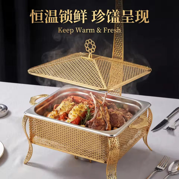 Classic 5.5L Rectangular Hammered Metal Chafing Dish - Elegant Buffet Food Warmer with Golden Hanging Lid & Fuel Holder for Professional Catering, Events & Home Kitchen Use