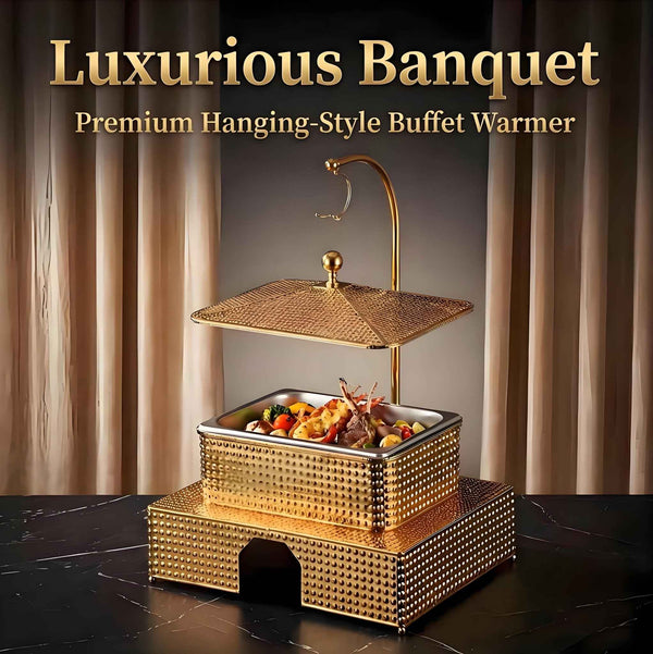 5.5L Golden Square Stainless Steel Chafing Dish - Luxury Double Pan Buffet Food Warmer & Alcohol Heating Equipment for Hotel Banquets & Weddings