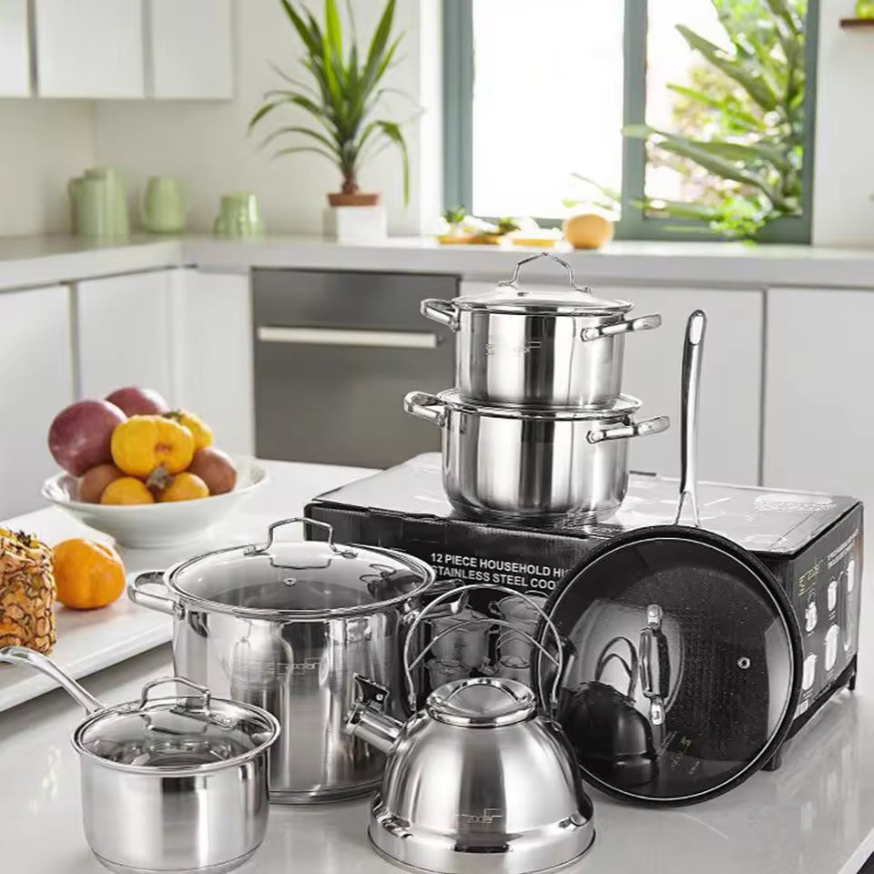 High-Quality 12-Piece German-Style Stainless Steel Cookware Set - Professional Induction Ready Cooking Pots and Pans Set for Home & Commercial Kitchens