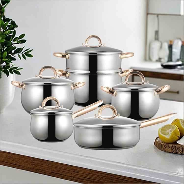11 - Piece Stainless Steel Cookware Set - Luxury Gold Handle Pots and Pans with Steamer & Fry Pan - Induction Ready Professional Kitchen Cooking Set - HUFA Kitchenware