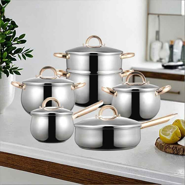 11 - Piece Stainless Steel Cookware Set - Luxury Gold Handle Pots and Pans with Steamer & Fry Pan - Induction Ready Professional Kitchen Cooking Set - HUFA Kitchenware