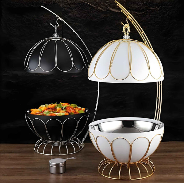 8L Luxury Stainless Steel Spherical Chafing Dish - Round Buffet Server with Hydraulic Glass Lid for Weddings, Parties & Professional Catering - Black/White/Gold Options