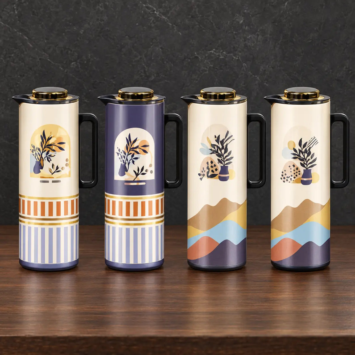 Four one-liter iron-shell thermos bottles with abstract botanical prints, gold-tone lids, and side handles