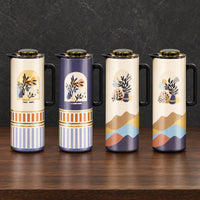 Four one-liter iron-shell thermos bottles with abstract botanical prints, gold-tone lids, and side handles