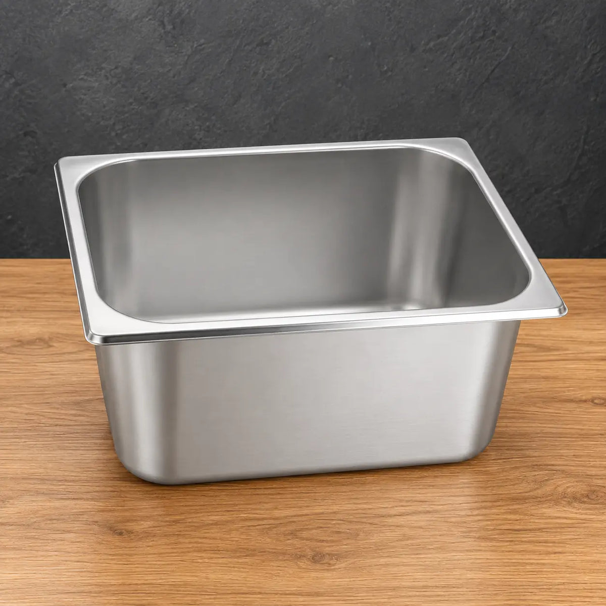 American Style 1/2 stainless steel Gastronorm pan shown from an angled front view