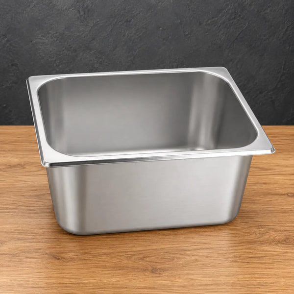 American Style 1/2 stainless steel Gastronorm pan shown from an angled front view