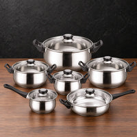201 stainless steel cookware set with black handles, glass lids, and double bottoms