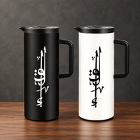 Black and white one-liter iron-shell thermos bottles with vertical calligraphy-style graphics, fitted lids, and side handles