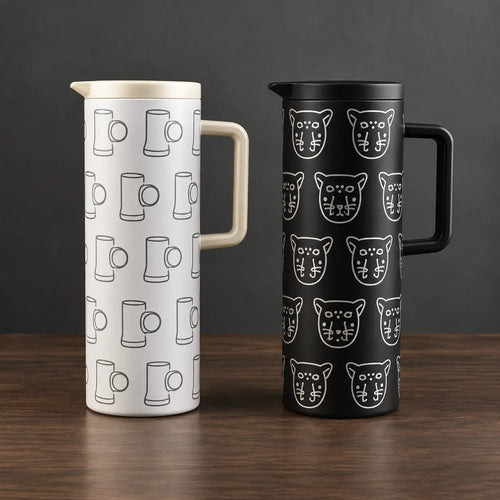Black and white one-liter iron-shell thermos bottles with repeating graphic patterns, fitted lids, and side handles