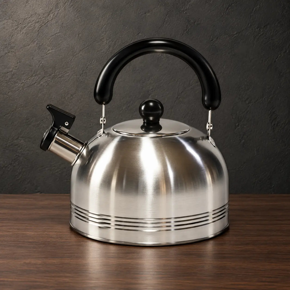 Brushed silver Type A flat-bottom kettle with horizontal lower-body texture, black handle, fitted lid, and angled spout