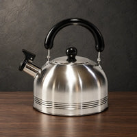 Brushed silver Type A flat-bottom kettle with horizontal lower-body texture, black handle, fitted lid, and angled spout