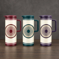 Three one-liter plastic-shell thermos bottles with circular medallion graphics, striped borders, fitted lids, and side handles