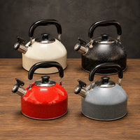 Four low rounded Japanese-style kettles in cream, black speckled, red speckled, and gray speckled appearances