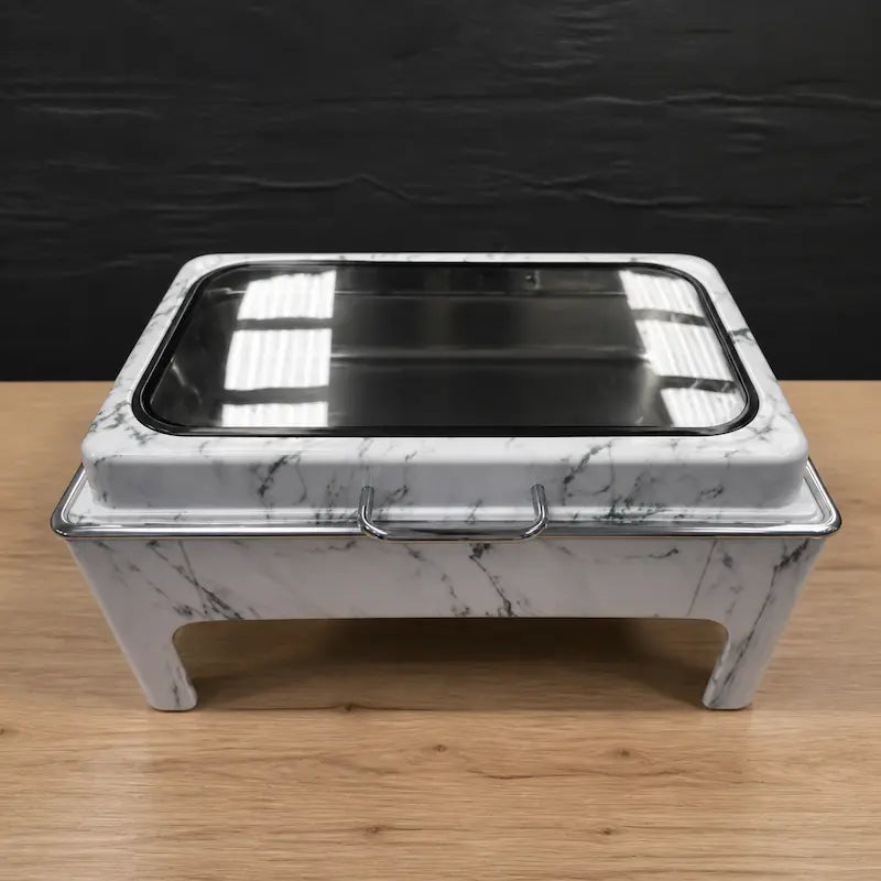 Decorative High-Leg Rectangular Chafer with Three Pan Layouts