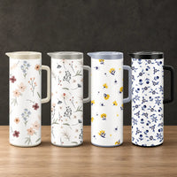 Four one-liter iron-shell thermos bottles with delicate wildflower prints, fitted lids, and side handles