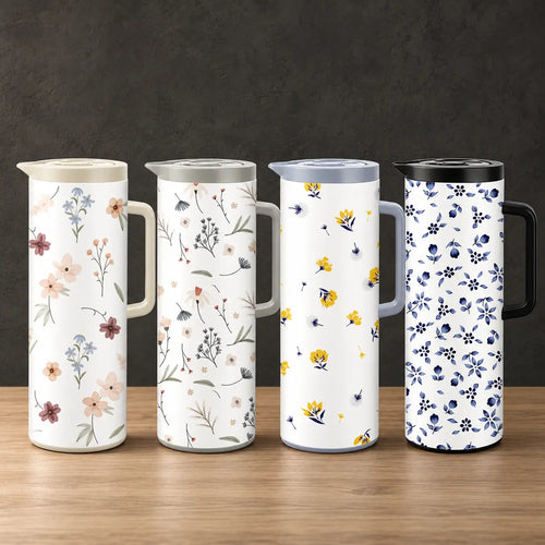 Four one-liter iron-shell thermos bottles with delicate wildflower prints, fitted lids, and side handles