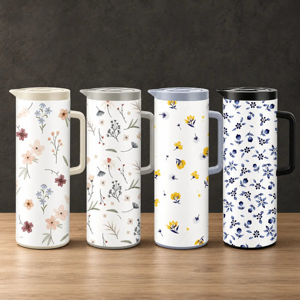 Four one-liter iron-shell thermos bottles with delicate wildflower prints, fitted lids, and side handles
