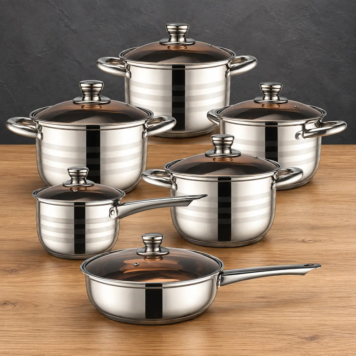 European-style 201 stainless steel cookware set with glass lids
