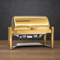 Full-Gold Roman-Column Rectangular Chafer with Solid Roll-Top Lid