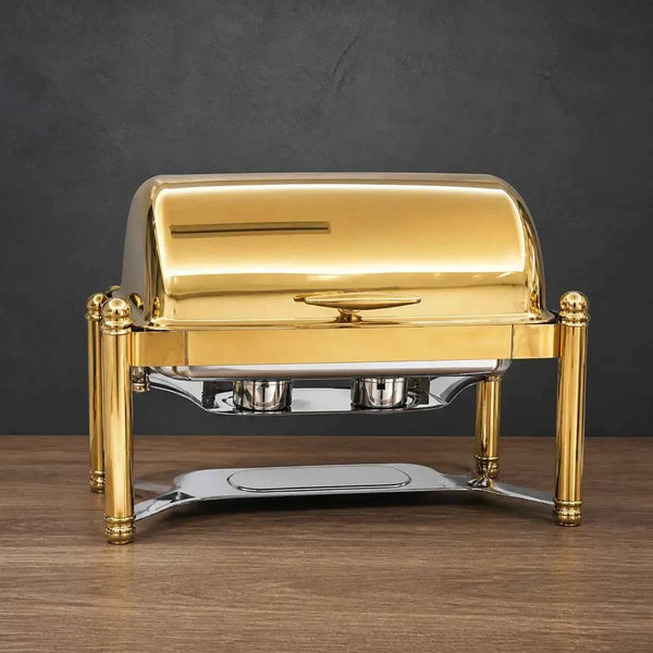 Full-Gold Roman-Column Rectangular Chafer with Solid Roll-Top Lid
