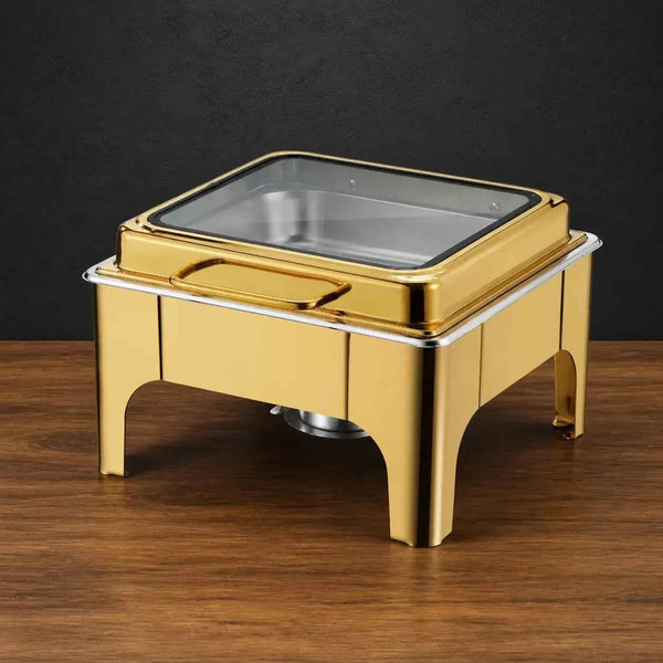 Full-Gold Square High-Leg Chafer with Slow-Close Viewing Lid