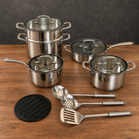 13-piece stainless steel cookware set with steamer insert and utensils