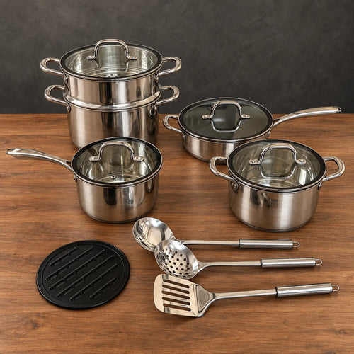13-piece stainless steel cookware set with steamer insert and utensils