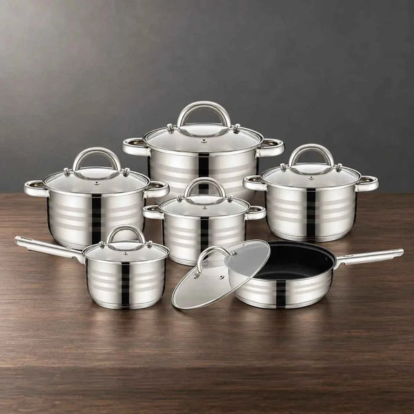 Glossy Silver 12-Piece Thickened Double-Bottom Cookware Set