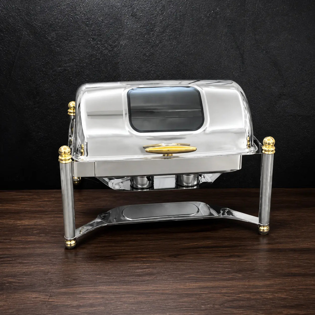 Gold-Accent Roman-Column Rectangular Chafer with Viewing Lid