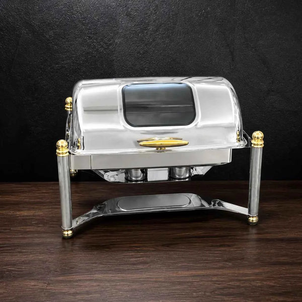 Gold-Accent Roman-Column Rectangular Chafer with Viewing Lid