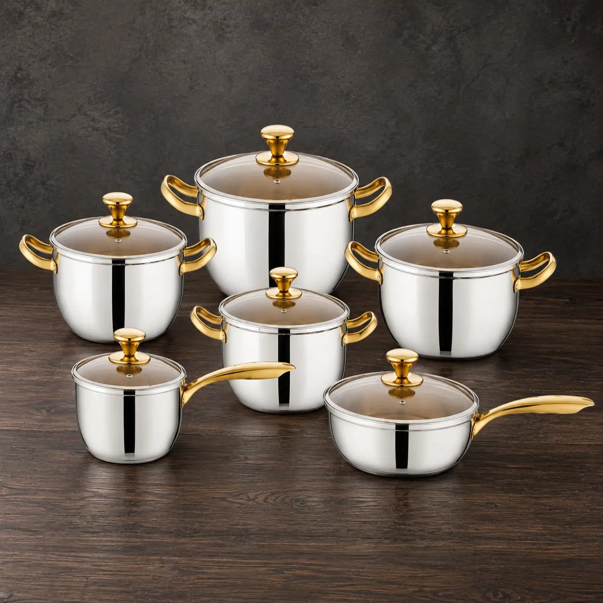 glossy gold-tone 201 stainless steel cookware set with glass lids