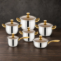 glossy gold-tone 201 stainless steel cookware set with glass lids
