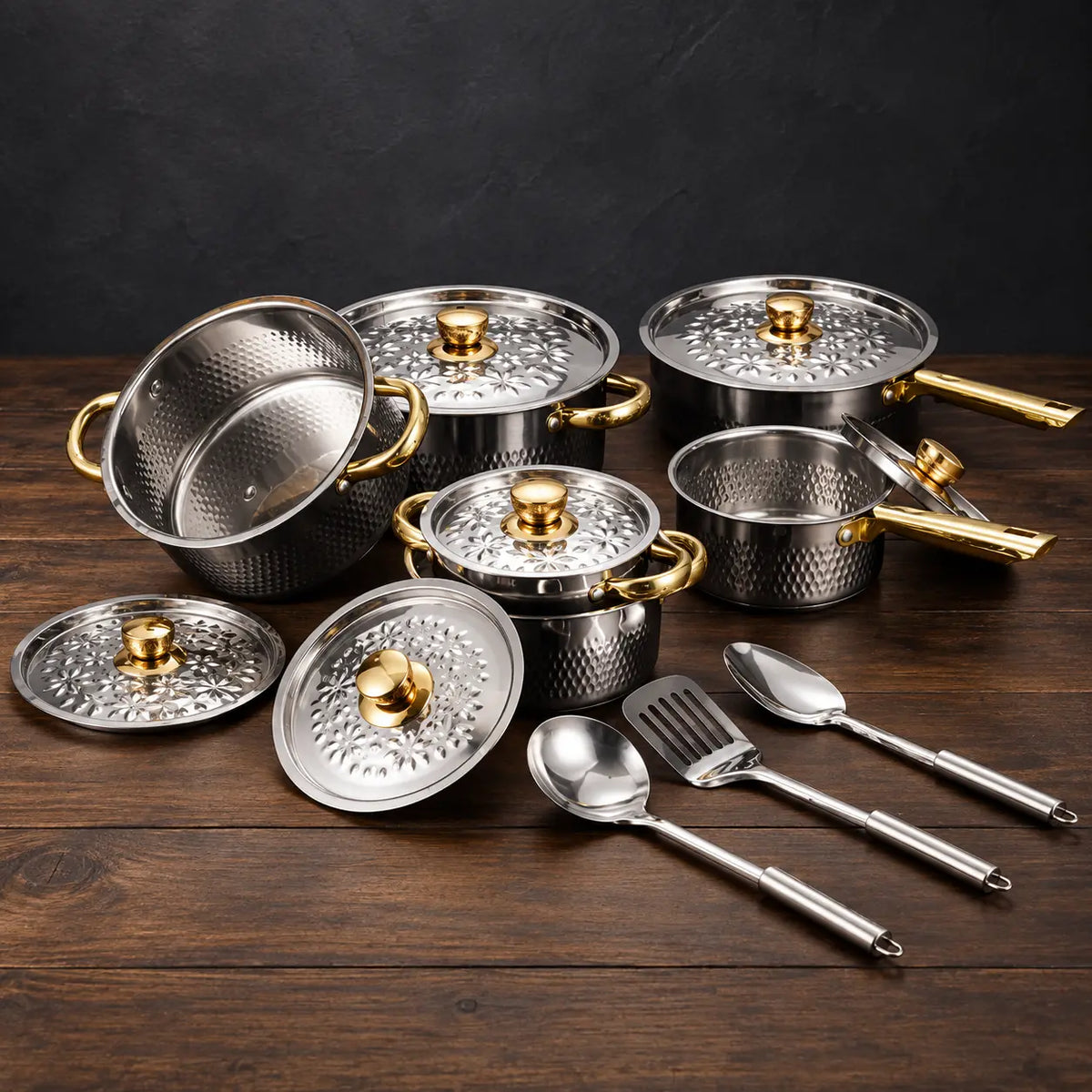 patterned 15-piece magnetic cookware set with gold-tone handles
