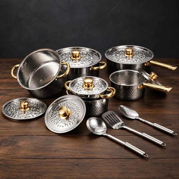 Factory-Made Gold-Handle Patterned 15-Piece Cookware Set