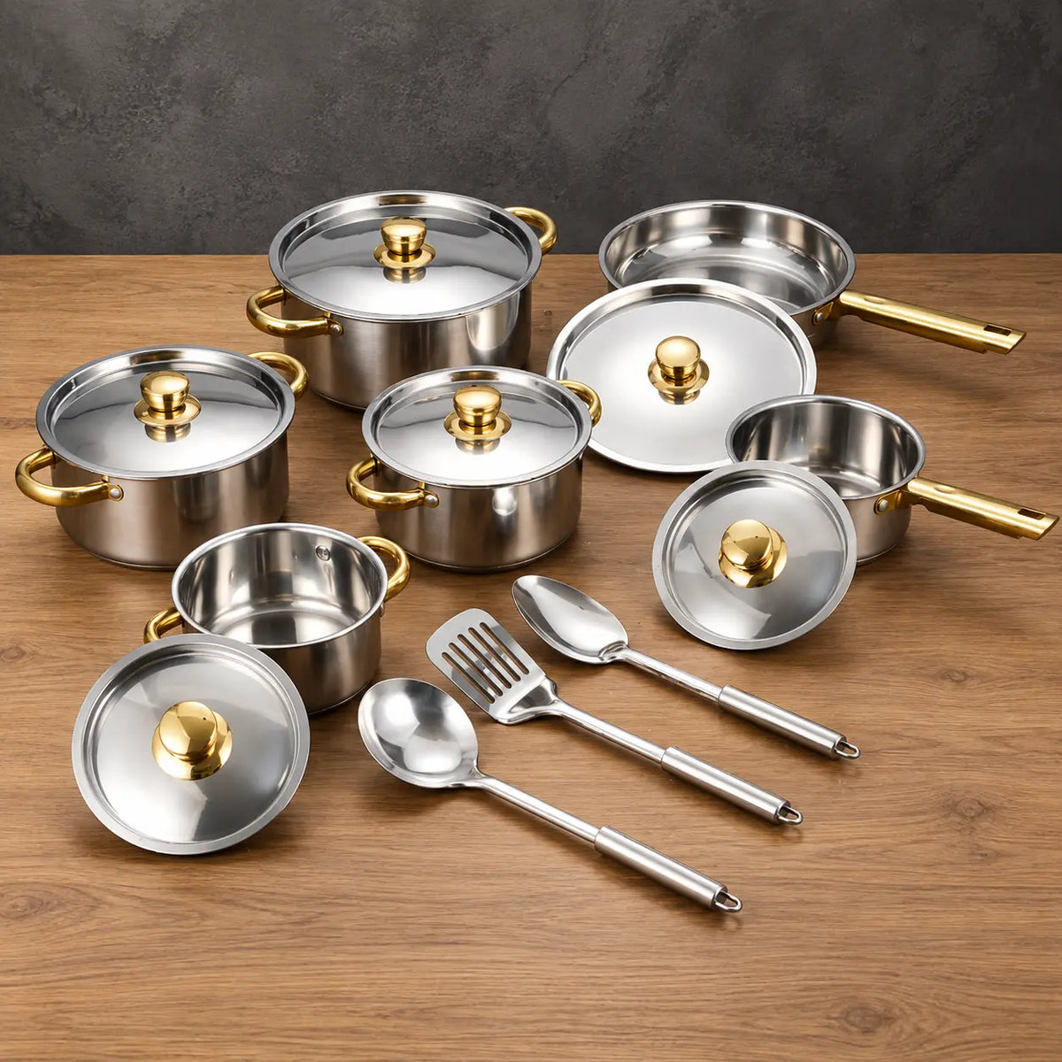 gold-accent 15-piece magnetic stainless steel cookware set