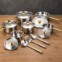 gold-accent 15-piece magnetic stainless steel cookware set