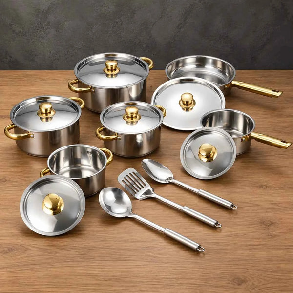 Gold-Handle 15-Piece Steel-Lid Cookware Set Manufacturer