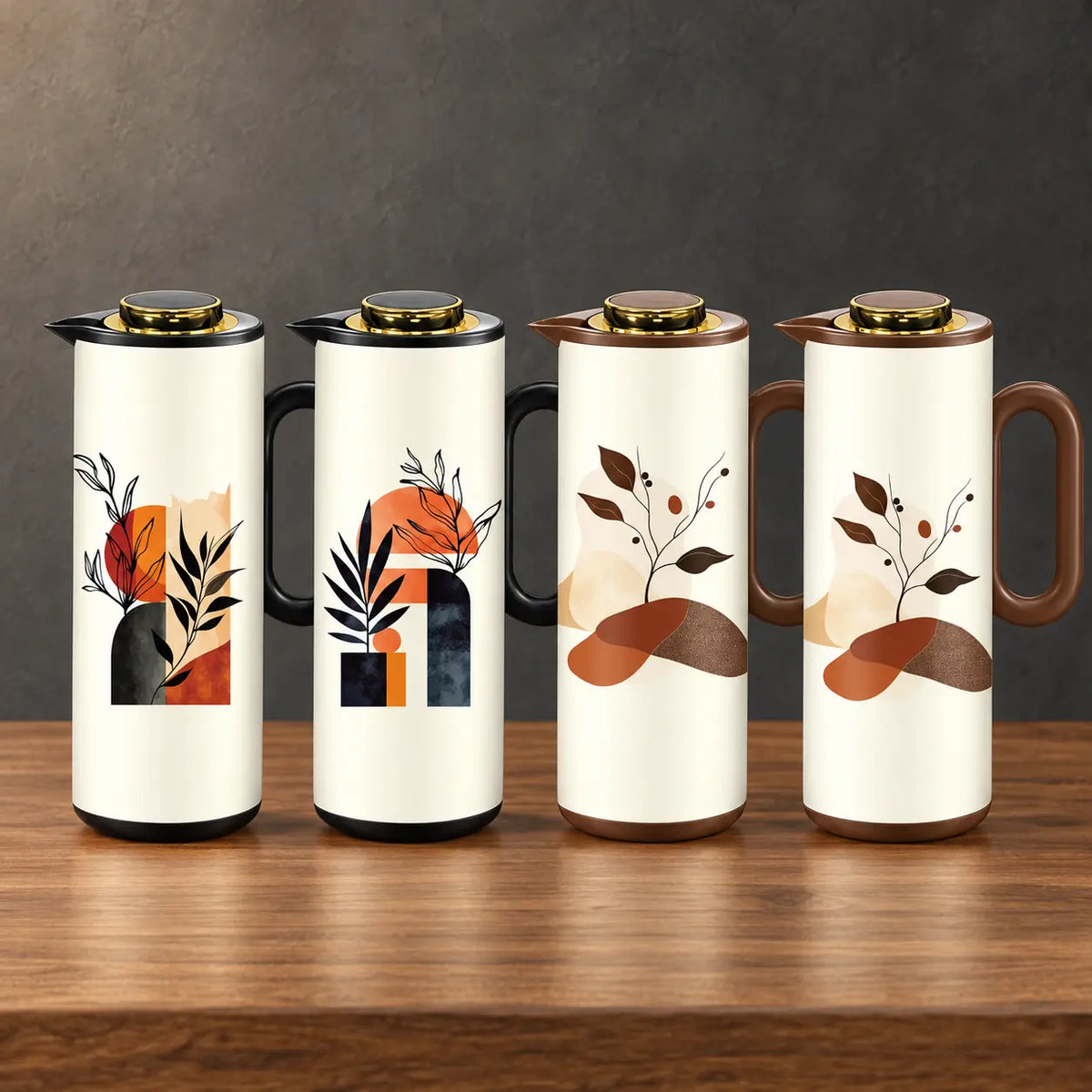 Four one-liter iron-shell thermos bottles with gold-tone lids, modern decorative motifs, and side handles