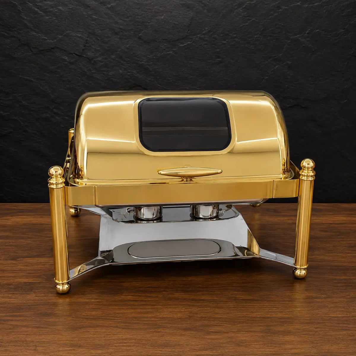 Gold Roman-Column Rectangular Chafer with Roll-Top Viewing Lid - HUFA Kitchenware