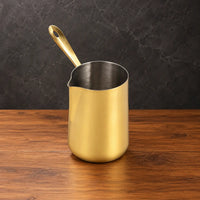 Gold stainless steel milk cups with matching steel handles and lids